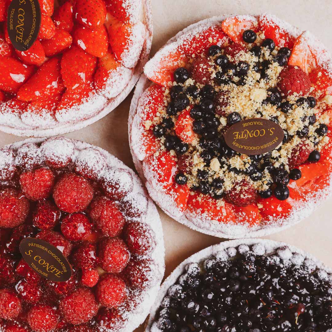 4 tartes framboises, fruits rouges, fraises et myrtilles