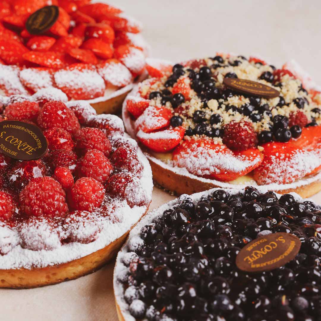 4 tartes framboises, fruits rouges, fraises et myrtilles